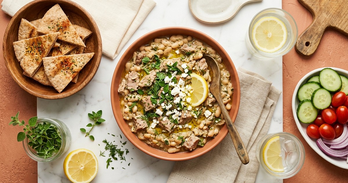 Slow Cooker Greek Pork and White Bean Protein Dip with Lemon-Oregano