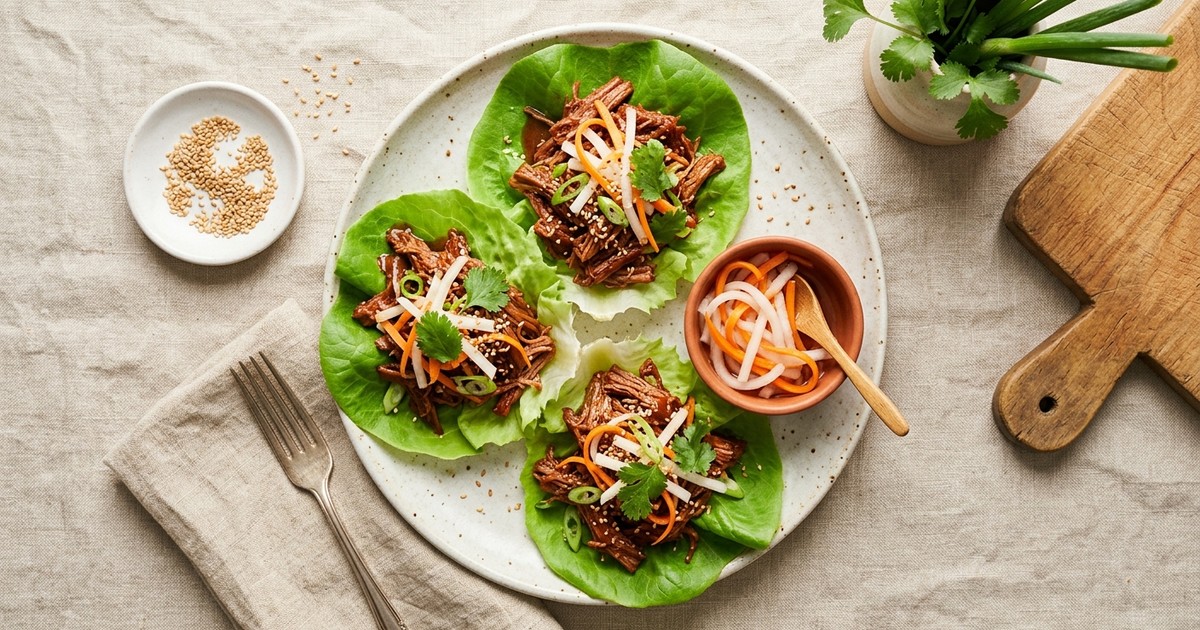 Slow Cooker Korean Gochujang Beef Lettuce Cups with Pickled Daikon