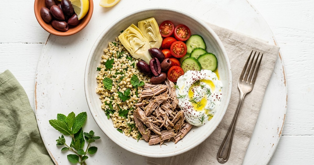 Slow Cooker Mediterranean Pork and Herb Bulgur Bowls with Lemon Yogurt