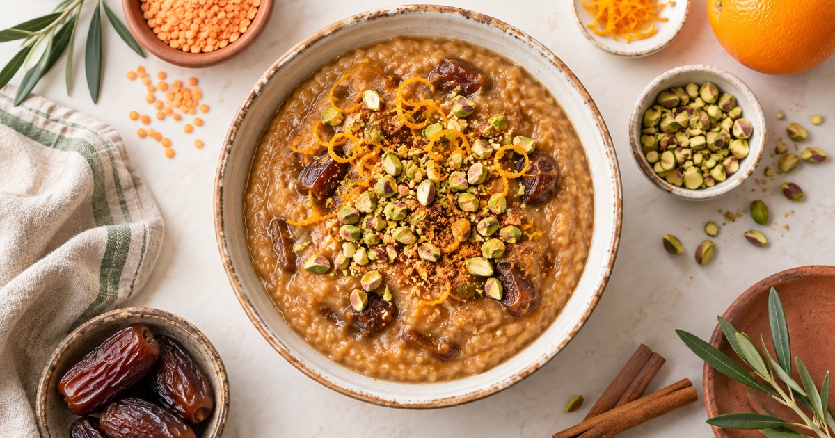 Slow Cooker Mediterranean Red Lentil and Date Pudding with Pistachios