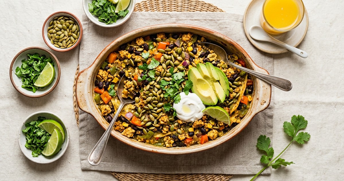 Slow Cooker Mexican Tofu and Black Bean Breakfast Casserole with Pepitas