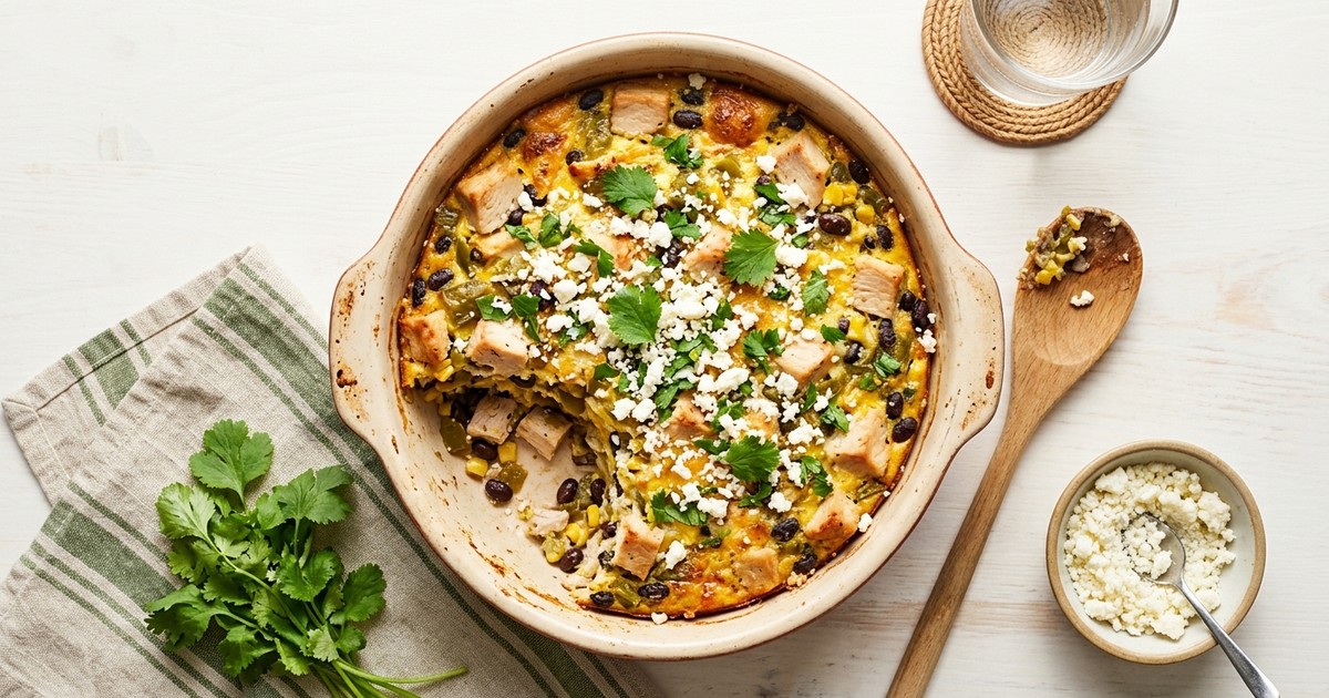 Slow Cooker Mexican Turkey Breakfast Strata with Green Chiles and Cotija