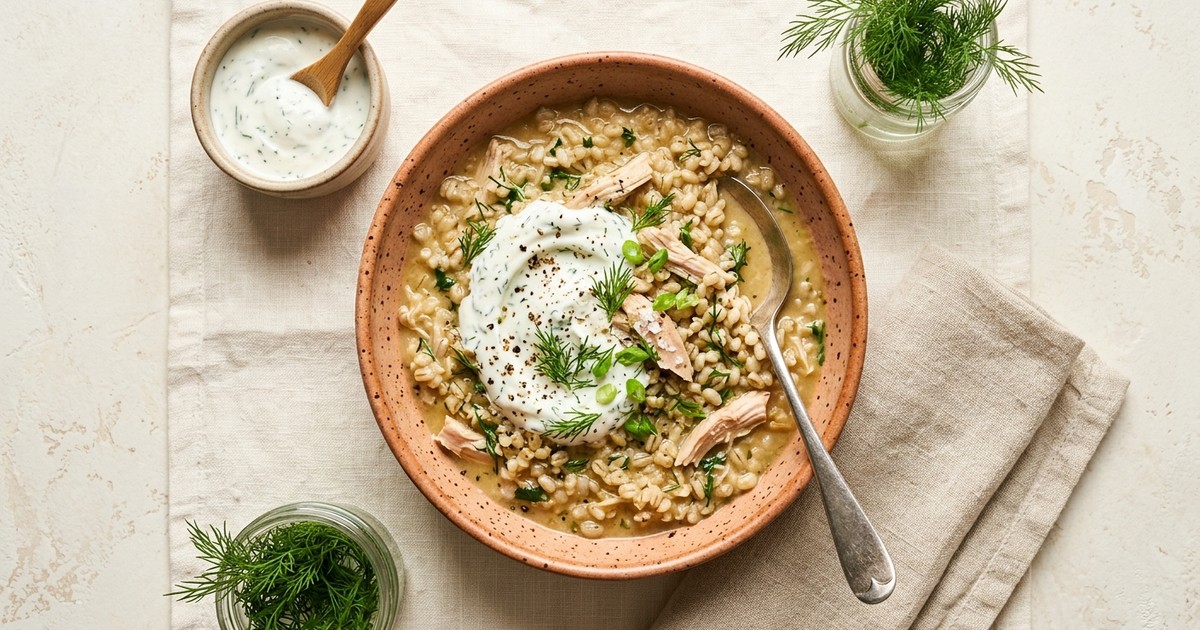 Slow Cooker Scandinavian Chicken Barley Breakfast Porridge with Dill Yogurt