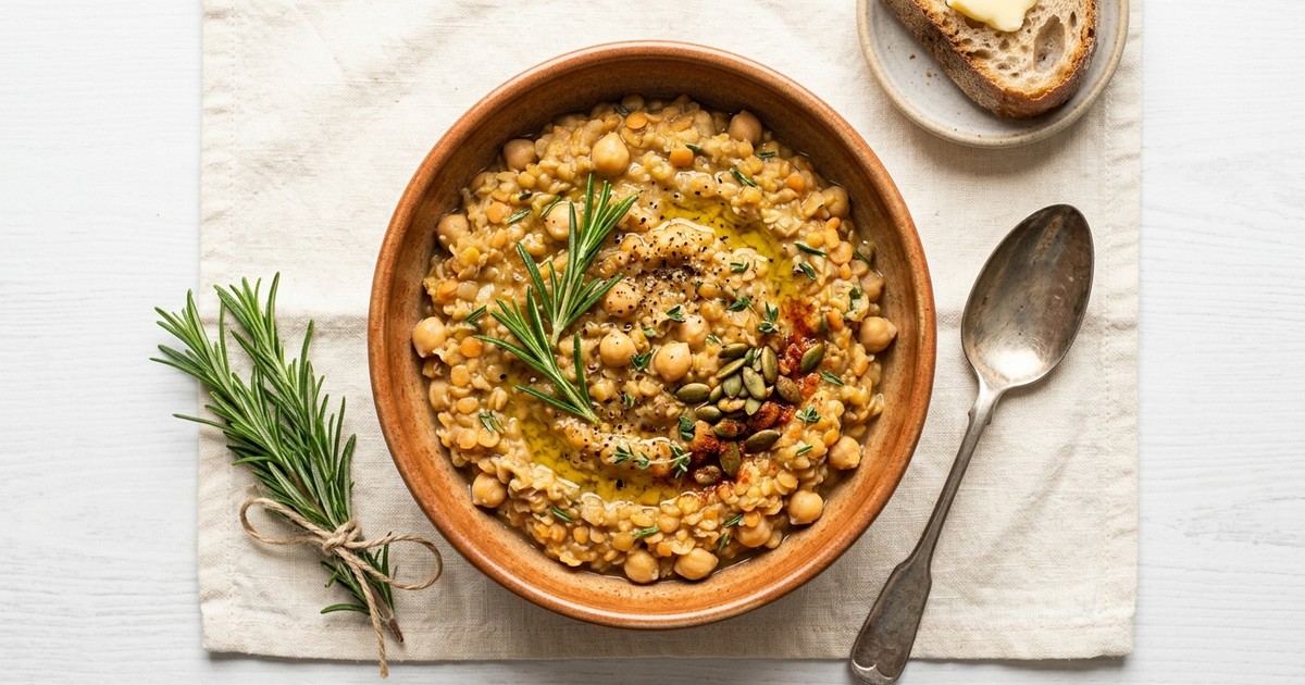 Slow Cooker Tuscan Lentil and Chickpea Breakfast Porridge with Rosemary