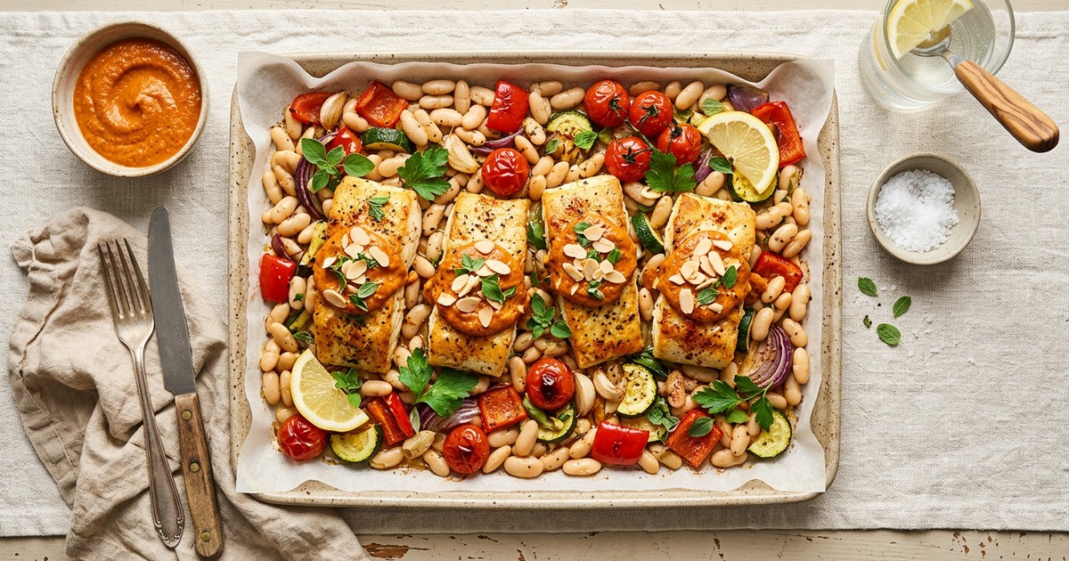 Spanish Sheet Pan Halibut with Romesco and White Beans