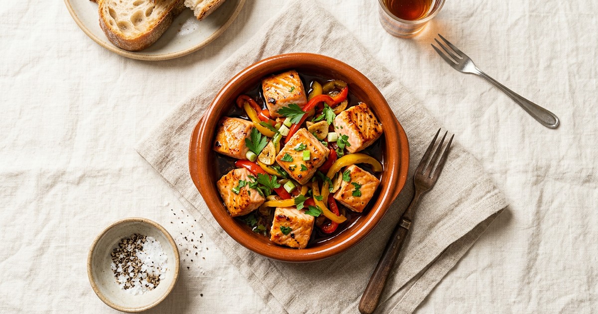 Stir-Fried Spanish Salmon Tapa with Peppers and Sherry Vinegar