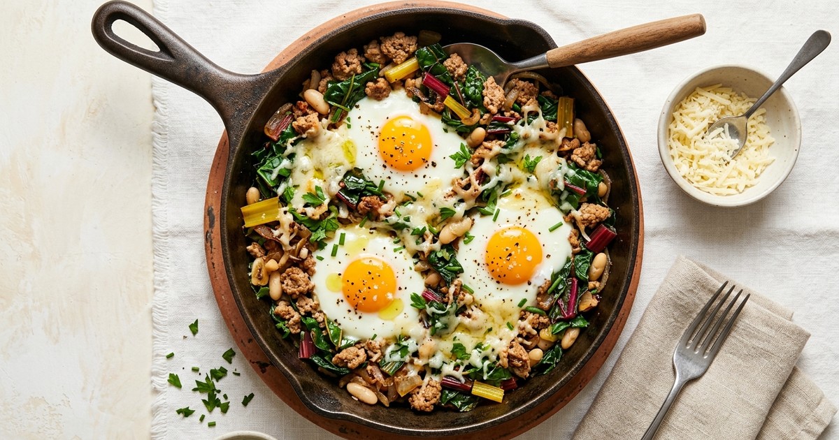 Swiss Turkey and Chard Breakfast Skillet with Gruyère and Soft Eggs