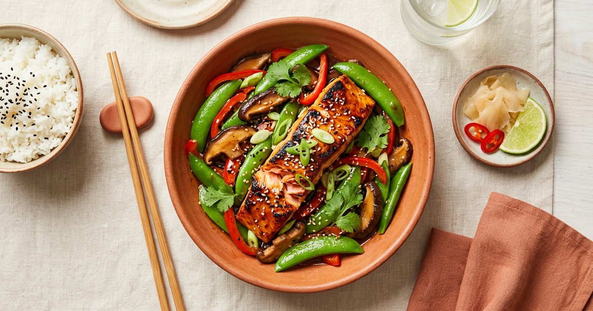 Teriyaki Salmon Stir-Fry with Snap Peas and Shiitake