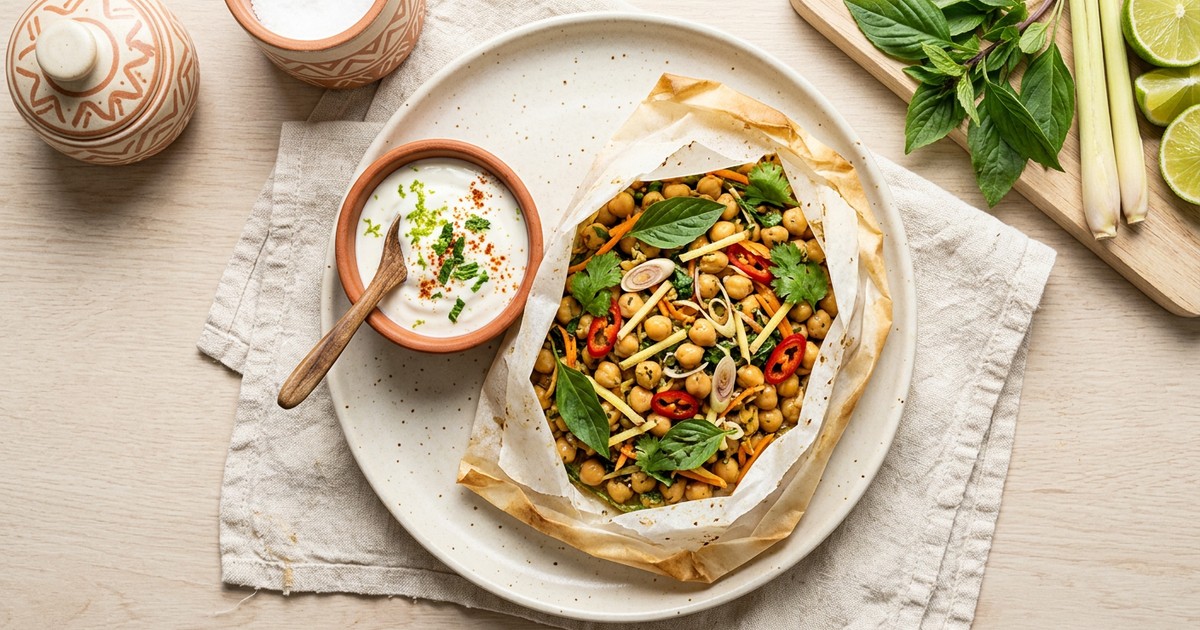 Thai Parchment-Steamed Chickpea Packets with Lime Yogurt