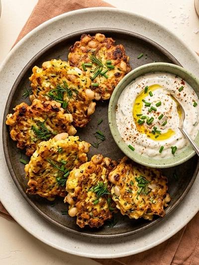 Air Fryer American Egg and White Bean Fritters with Smoky Ranch Yogurt