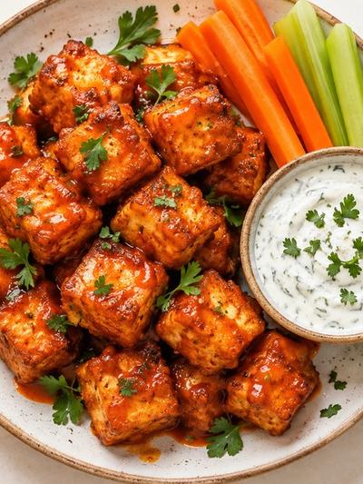 Air Fryer Buffalo Tofu Bites with Cool Ranch Yogurt