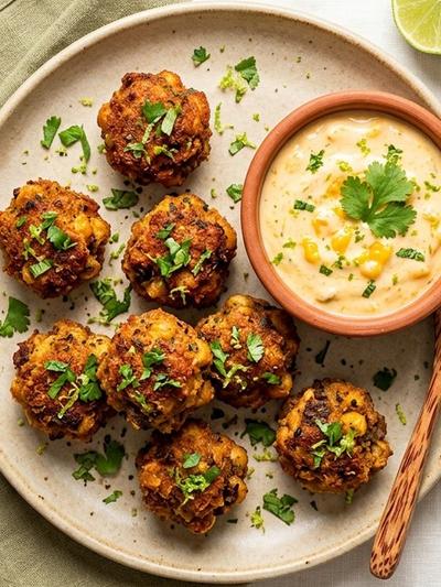 Air Fryer Caribbean Beef and Chickpea Bites with Mango-Lime Yogurt