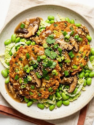 Air Fryer Chinese Egg Foo Young with Ginger-Mushroom Sauce