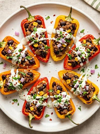 Air Fryer Chipotle Beef Stuffed Mini Peppers with Lime Crema