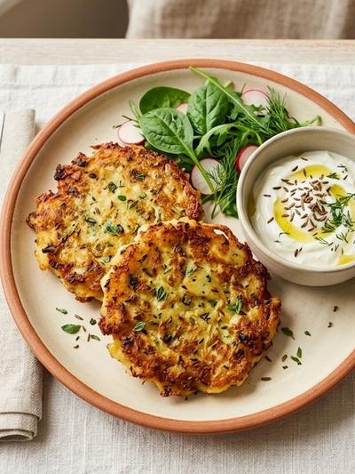 Air Fryer Czech Egg and Potato Bramborák with Caraway Yogurt