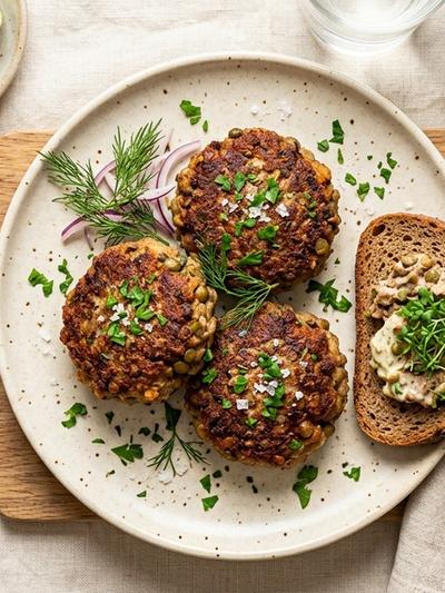 Air Fryer German Beef and Lentil Frikadellen with Mustard-Dill Yogurt