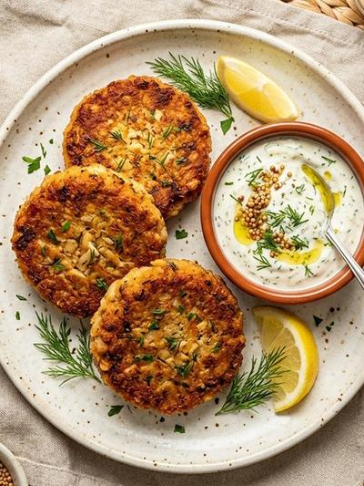Air Fryer German Tempeh and White Bean Bratlinge with Mustard-Dill Yogurt