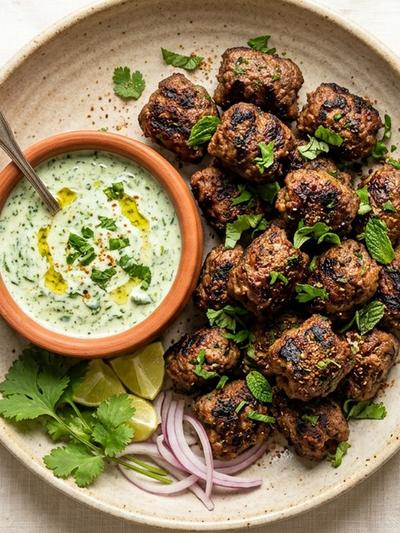 Air Fryer Indian Beef Seekh Kebab Bites with Mint Raita