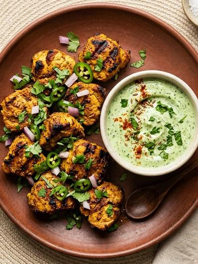 Air Fryer Indian Pork Tikka Bites with Mint Yogurt Dip