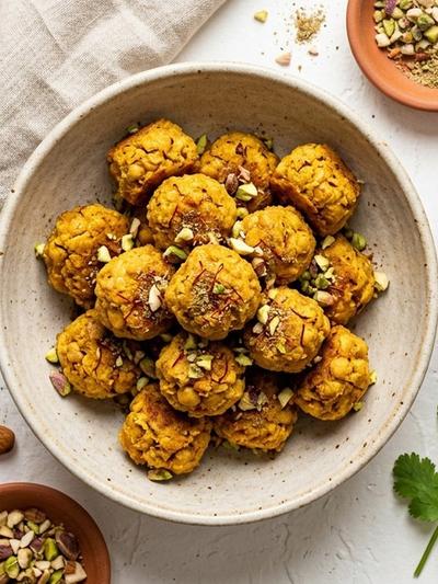 Air Fryer Indian Saffron Chickpea Protein Bites with Cardamom Yogurt