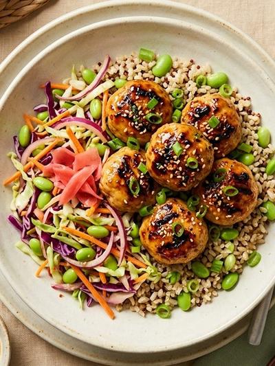 Air Fryer Japanese Chicken Tsukune Bowls with Pickled Ginger Slaw