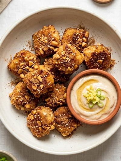 Air Fryer Korean Cinnamon Tofu Hotteok Bites with Honey-Ginger Yogurt