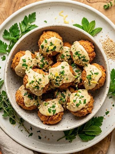 Air Fryer Mediterranean Lemon-Tahini Chickpea Donut Holes