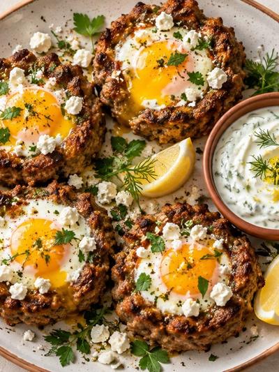 Air Fryer Mediterranean Turkey-Feta Egg Nests with Herb Yogurt