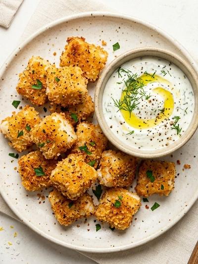 Air Fryer Old Bay Cod Bites with Lemon-Dill Yogurt