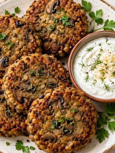Air Fryer Polish Lentil-Mushroom Cakes with Horseradish Yogurt