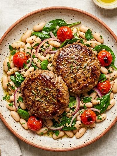 Air Fryer Provençal Beef Patties with Warm White Bean Salad