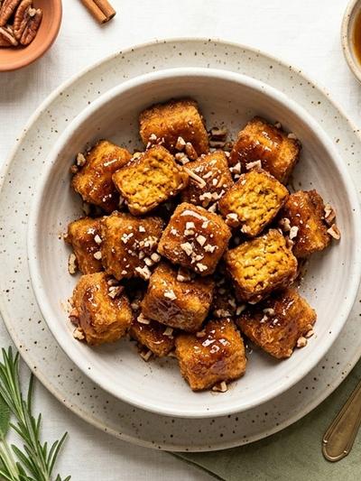 Air Fryer Pumpkin Pie Tofu Protein Bites with Maple Glaze