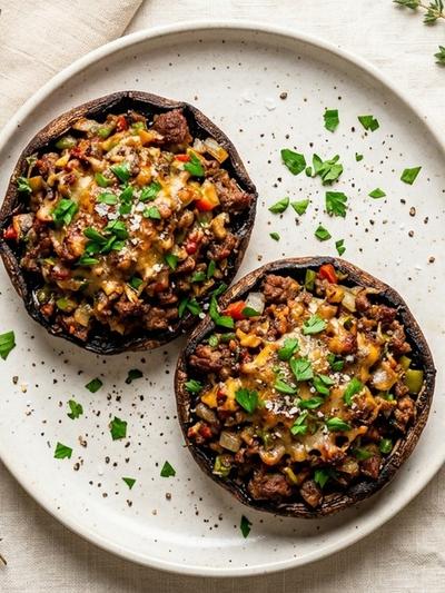 Air Fryer Smoky Beef Stuffed Portobellos with Ranch Yogurt