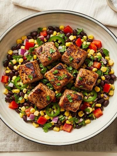 Air Fryer Smoky Pork Tenderloin Bites with Black Bean Corn Salad