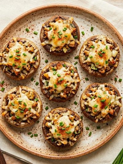 Air Fryer Turkey and Cheddar Stuffed Mushrooms with Chive Yogurt
