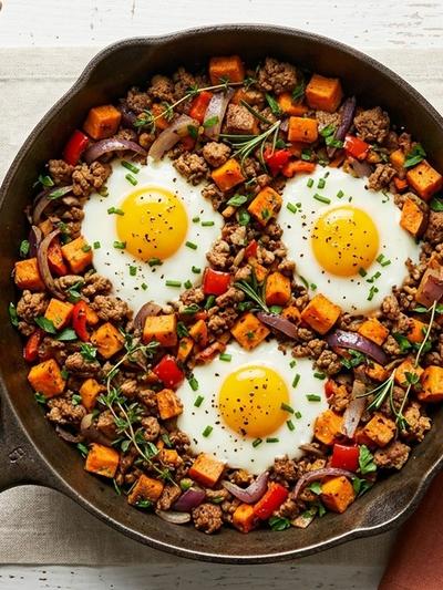 American Turkey and Sweet Potato Breakfast Hash with Sunny Eggs