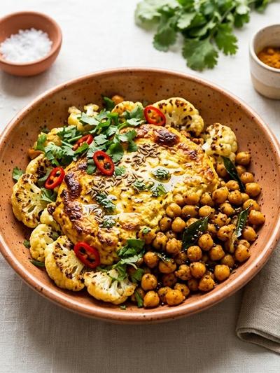 Baked Masala Ricotta Bowl with Roasted Cauliflower and Chickpeas