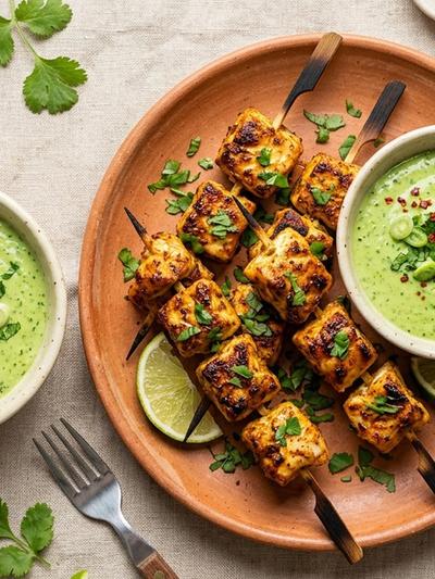 Baked Peruvian Halibut Anticucho Bites with Aji Verde Yogurt
