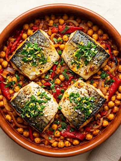 Baked Spanish Mackerel with Chickpeas and Piquillo Peppers