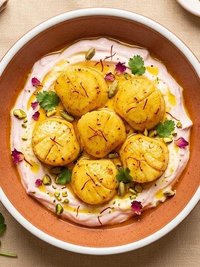 Braised Cardamom-Saffron Scallops with Rose Yogurt