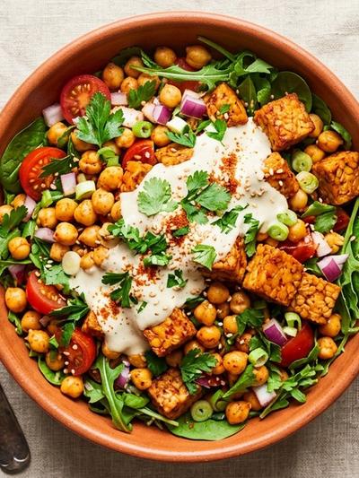 Ethiopian Berbere Tempeh and Chickpea Salad with Yogurt Dressing