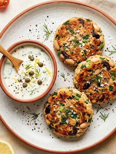 French Niçoise Tuna and White Bean Protein Cakes with Caper-Lemon Yogurt
