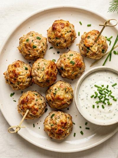 German Pork and Sauerkraut Protein Bites with Mustard-Chive Yogurt