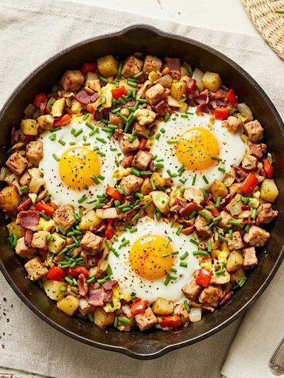 German Turkey Farmer's Breakfast Skillet with Eggs and Chives