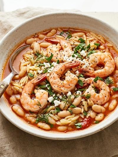 Greek Poached Shrimp Bowl with Tomato Broth and White Beans