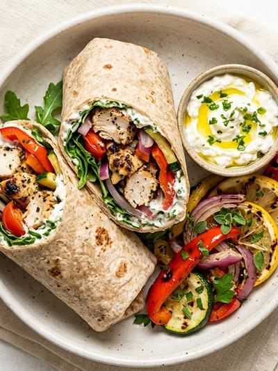 Grilled Lemon-Oregano Chicken Wraps with Whipped Feta