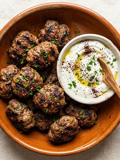 Grilled Turkish Beef Köfte Bites with Sumac Yogurt Dip