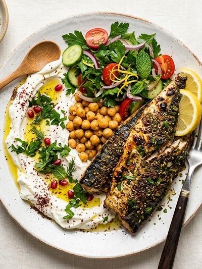 Grilled Za'atar Mackerel Breakfast Plate with Labneh and Herbs