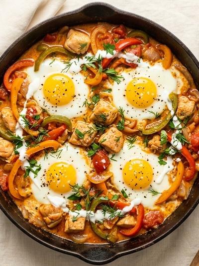 Hungarian Chicken Paprika Breakfast Skillet with Soft Eggs