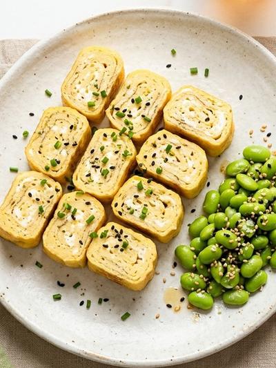 Japanese Dashi Tamagoyaki Bites with Sesame Edamame